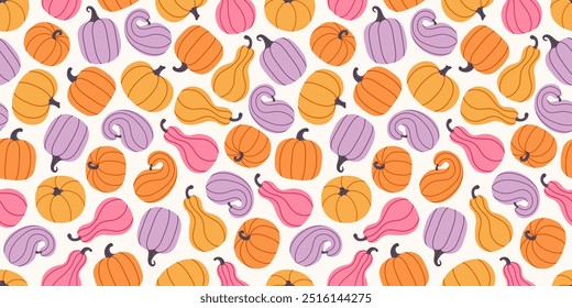 Seamless autumn pattern with pastel pumpkins and gourds in orange, purple, pink, and yellow colors. Thanksgiving Day. Harvest backdrop. Background for fall seasonal decorations, and cozy home decor.