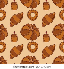 Seamless autumn pattern with pumpkin, candle, donut and croissant