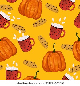 Seamless autumn pattern with pumpkin, cookies, mug of cocoa and marshmallow on orange background