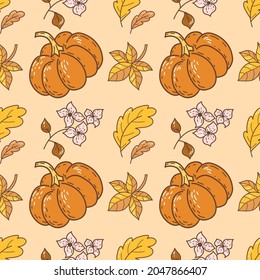 Seamless autumn pattern with pumpkin, autumn leaves, flowers. Vector illustration for wrapping paper, textiles, banners.