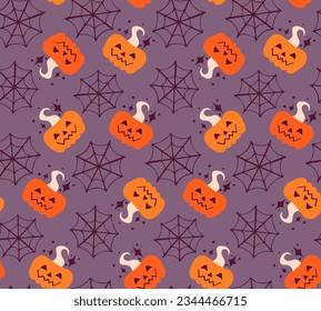 Seamless autumn pattern with pumpkin and spider web. Creepy Halloween Wallpaper