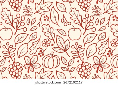 Patrón de otoño sin fisuras con calabazas, manzanas, bayas y hojas en el arte de la línea de Borgoña profunda sobre fondo crema para otoño, acción de gracias, cosecha y decoración de temporada.