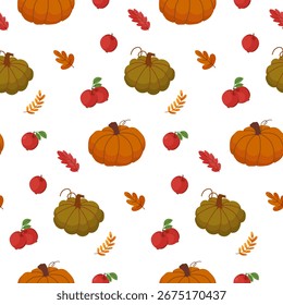 Patrón de otoño sin fisuras con calabazas, manzanas y hojas de otoño coloridas. Diseño de cosecha estacional perfecto para Acción de Gracias y decoración festiva