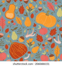 Seamless autumn pattern. Pumpkins, berries, leaves and fruits