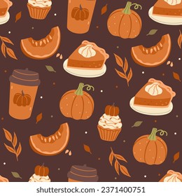 Seamless autumn pattern with pumpkins, food and drinks. Vector graphics.