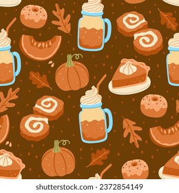 Seamless autumn pattern with pumpkins, food and drinks. Vector graphics.