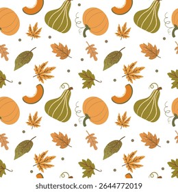 Seamless autumn pattern with pumpkins, gourds, fall leaves and seasonal elements. Ideal for Thanksgiving designs, fabric, wrapping paper and backgrounds