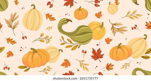Seamless autumn pattern with pumpkins, gourds, fall leaves, and berries on a light background, perfect for seasonal packaging, textiles, Thanksgiving decor, harvest themed designs.Vector illustration