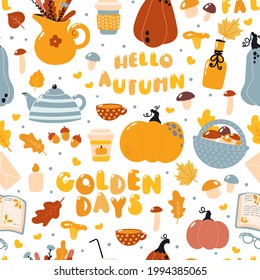 Seamless autumn pattern with pumpkins, leaves and lettering. Cute vector pattern