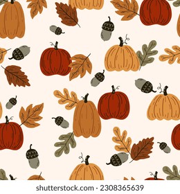 Seamless autumn pattern with pumpkins and leaves. Endless repeatable autumn harvest texture. Colored hand drawn vector illustration.