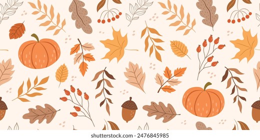 Seamless autumn pattern with pumpkins, leaves, acorns, plants