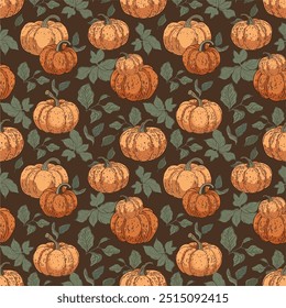 Seamless autumn pattern of pumpkins with leaves on a dark background