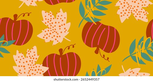Seamless autumn pattern with pumpkins and leaves. Cute autumn background. Illustration pattern.