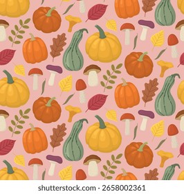 Patrón de otoño sin fisuras con calabazas, hojas y setas. Fondo lindo de la temporada de otoño