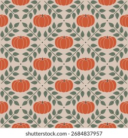 Seamless autumn pattern with pumpkins and leaves in flat design. Minimal style modern geometric fall season pattern for wrapping, decoration, textile, decoration, wallpaper, foliage, print, banner.