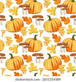 Seamless autumn pattern with pumpkins, mushrooms, and colorful leaves. Cozy fall harvest design for packaging, textiles, seasonal cards, and nature-themed projects