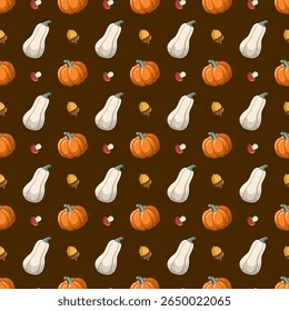  Padrão de outono sem costura com abóboras, abóbora, cogumelos e bolotas. Design de papel digital vetorial de desenhos animados 