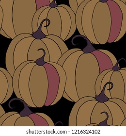 Seamless Autumn Pattern with Pumpkins or Watermelons. Botanical Texture for Print, Calico, Dress. Seamless Background for Halloween or Thanksgiving Day