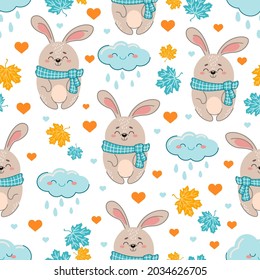 Seamless autumn pattern with rabbits, autumn leaves, clouds and hearts. Cute rabbits in a cartoon style. Vector. Ideal for children's clothing, wallpaper, wrapping paper, packaging, fabric