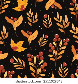 Seamless autumn pattern with red berries and leaves on dark brown background