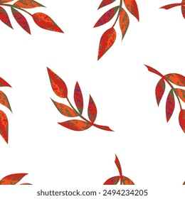 Seamless autumn pattern with red branches and leaves in grunge style on white background Colorful endless print to print on fabric paper for interior decoration Pink leaf ornaments