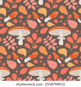 Seamless autumn pattern with red mushrooms, colorful leaves, and berries on a warm brown background, ideal for seasonal designs and decor.