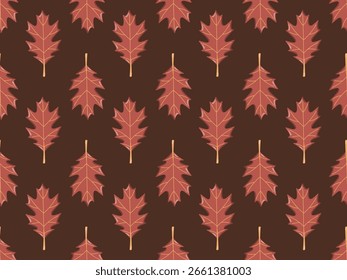 Seamless autumn pattern with red oak leaves on dark brown background. Fall time Vector foliage background. 