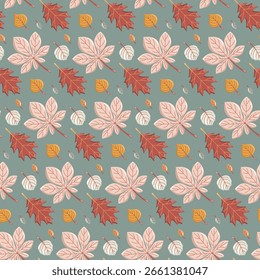 Seamless autumn pattern with red oak, chestnut and poplar leaves on blue background. Vector foliage background.