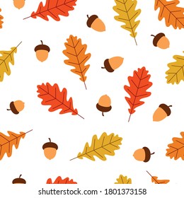 Seamless autumn pattern with red, orange, yellow oak leaves and acorns on white background. Vector illustration.