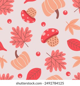 Seamless autumn pattern of red and orange leaves, pumpkins and fly agarics mushrooms on a light background. Perfect for seasonal designs, fall-themed projects, fabric, textile and festive decor.