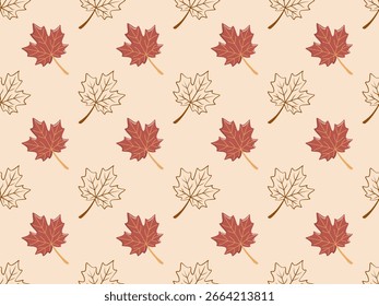 Seamless autumn pattern with red and outline maple leaves on beige background. Vector foliage background. 