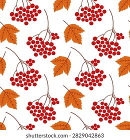 Seamless autumn pattern with red rowan berries, orange leaves and branches on a white background, ideal for fabric, wallpaper, stationery and seasonal packaging.