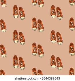 Motif harmonieux d'automne avec baskets textiles rouges sur fond beige doux. Chaussures d'automne. Style Image vectorielle de dessin animé. 