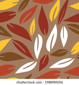 Seamless autumn pattern with red, yellow, brown and white hand drawn leaves on a light brown background. The pattern can be used for scrapbooking, covers, textile prints. Vector, eps 10.