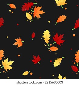 Seamless Autumn pattern with red, yellow, ginger oak, maple leaves on black background. Vector illustration, print for packaging, fabrics, wallpapers, textiles.