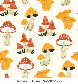 Seamless Autumn Pattern with Red and Yellow Mushrooms Flat Style
