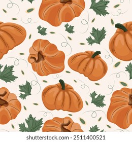 padrão de outono sem costura com abóboras laranja brilhante redonda com sementes de abóbora e folhas em um fundo claro, vetor	