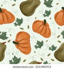 seamless autumn pattern with round bright orange pumpkins and green long ones with pumpkin seeds and leaves on a light background, vector