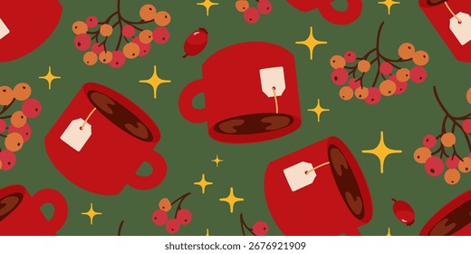Seamless autumn pattern with rowan berries and red tea cup