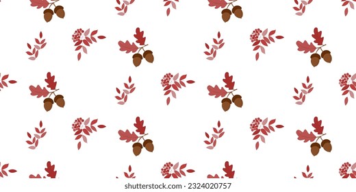 Seamless autumn pattern with rowan branches, acorns and bright autumn leaves. Background, printing on fabric and paper.