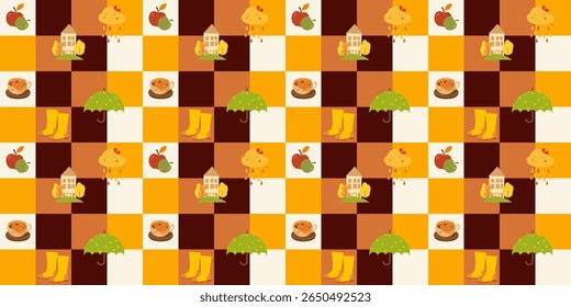 Seamless autumn pattern with seasonal objects: umbrella, apple, raincloud, tea, rubber boots, and house on checkered background. Flat cartoon vector, warm orange-brown palette