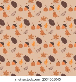 Seamless Autumn Pattern Set with Acorns and Leaves