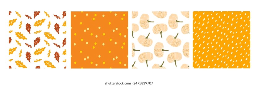 Seamless Autumn pattern set, hand drawn doodle Pumpkin, falling leaves, abstract dots. Thanksgiving or Halloween print For wrapping paper, festival menu, wallpaper, packaging, textile. Autumn harvest