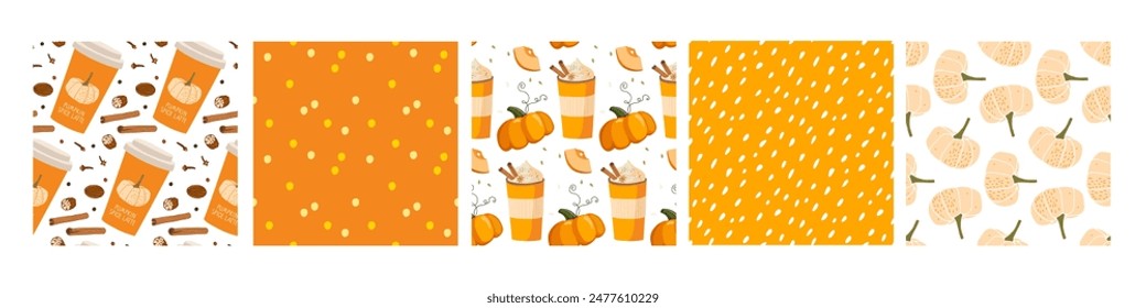 Seamless Autumn pattern set, hand drawn doodle Pumpkin spice latte, abstract dots. Set of five Autumn Hot Drink prints For wrapping paper, festival menu, wallpaper, packaging, textile. Autumn harvest