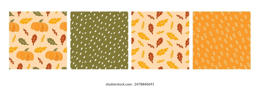 Seamless Autumn pattern set, hand drawn doodle Pumpkin, falling leaves, abstract dots. Thanksgiving, Autumn, Fall prints For wrapping paper, menu, wallpaper, packaging, textile. Autumn harvest