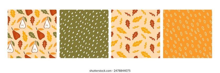 Conjunto de patrones de otoño sin costuras, garabato dibujado a mano Peras, hojas que caen, puntos abstractos. Acción de Gracias, Otoño, Otoño Imprimir Para el papel de embalaje, menú del festival, Fondo de pantalla, embalaje, textil. Cosecha de otoño