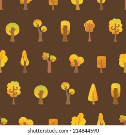 Seamless autumn pattern. Set of autumn trees on brown background.