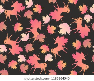 Seamless autumn pattern with silhouette of magical unicorns and falling leaves on black background in vector. Print for jacket.