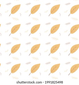 Seamless autumn pattern of simple leaves and branches in a pastel color scheme. Vector illustration