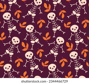 Seamless autumn pattern with skeleton. Cute Halloween Wallpaper